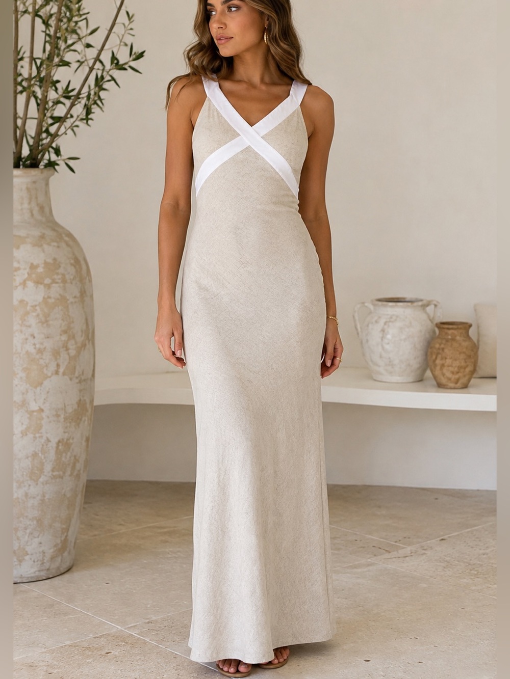Monteau Beige Maxi Dress with White Cross Straps